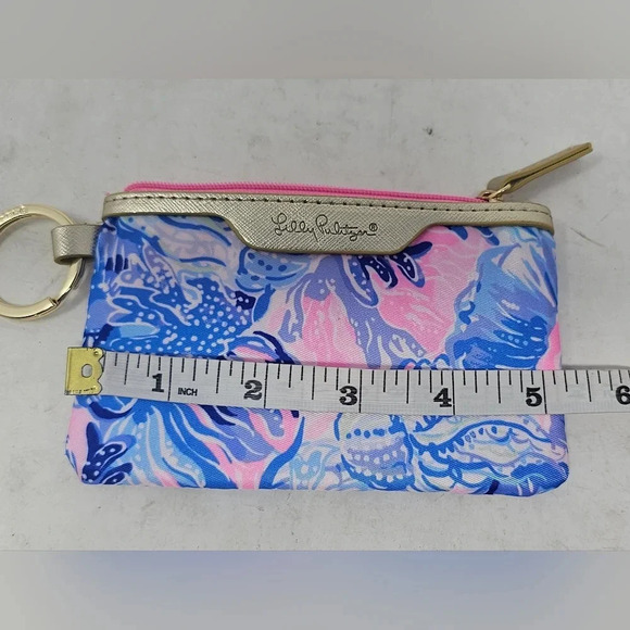 Lilly Pulitzer Blue & Pink Zip ID Wallet Coin Purse Keychain Pouch Accessory - Picture 7 of 8